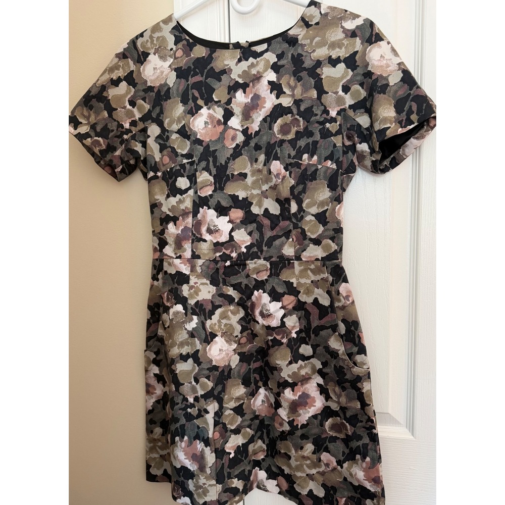 French Connection Floral Mini Dress Olive Green Mauve Short Sleeve Pockets Sz 4